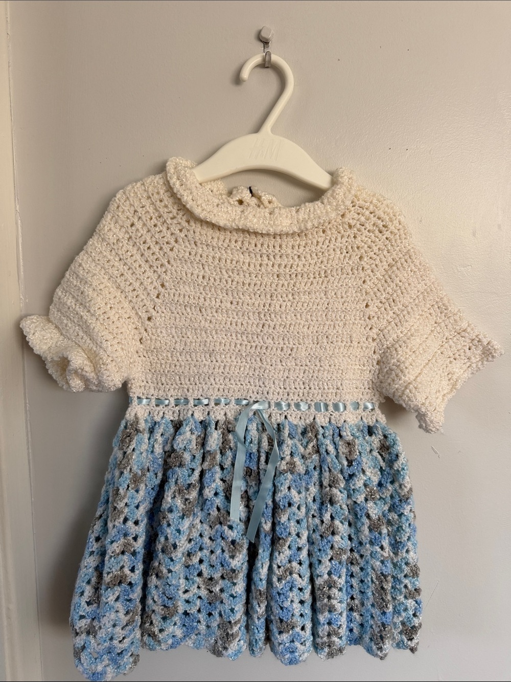 Handmade Crochet Baby Dress in Cream and Blue size 2T